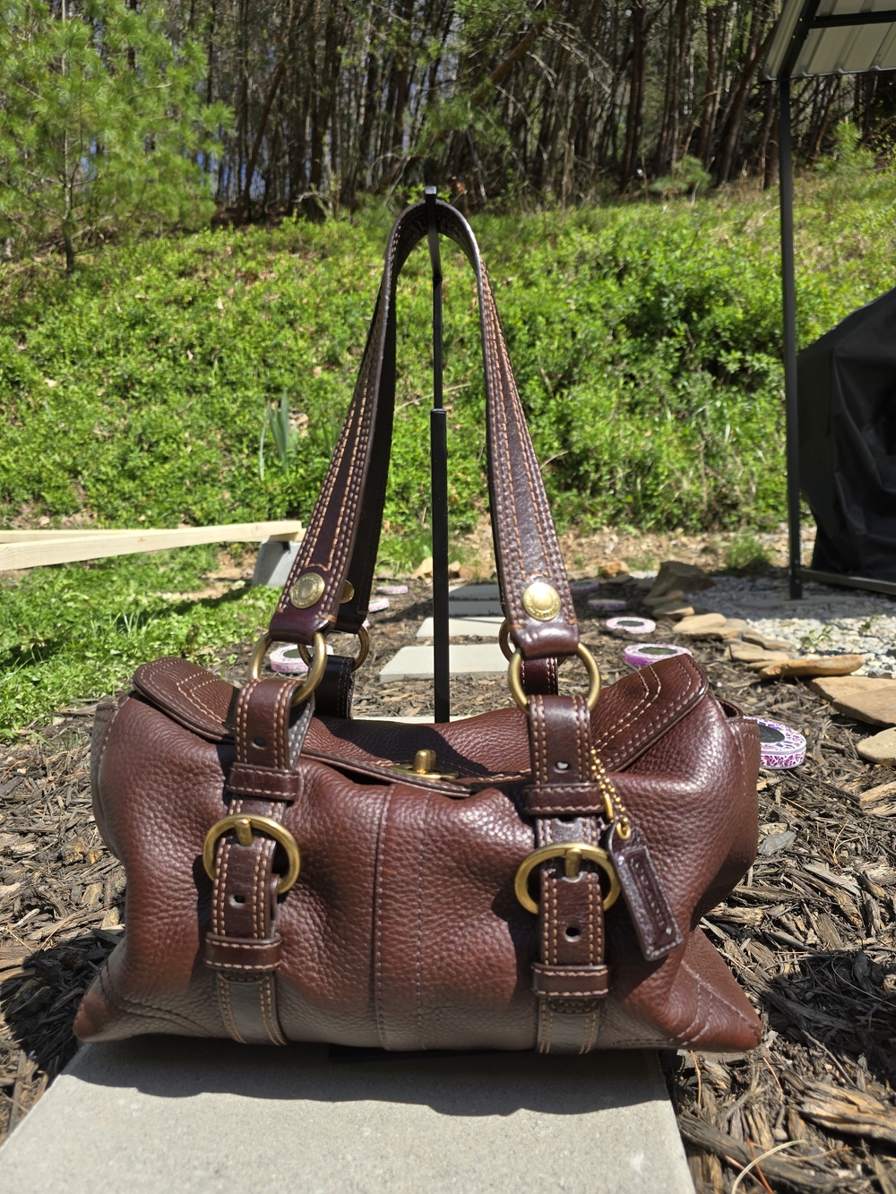 Coach Chelsea Brown Pebbled Leather Shoulder Bag with Brass Hardware